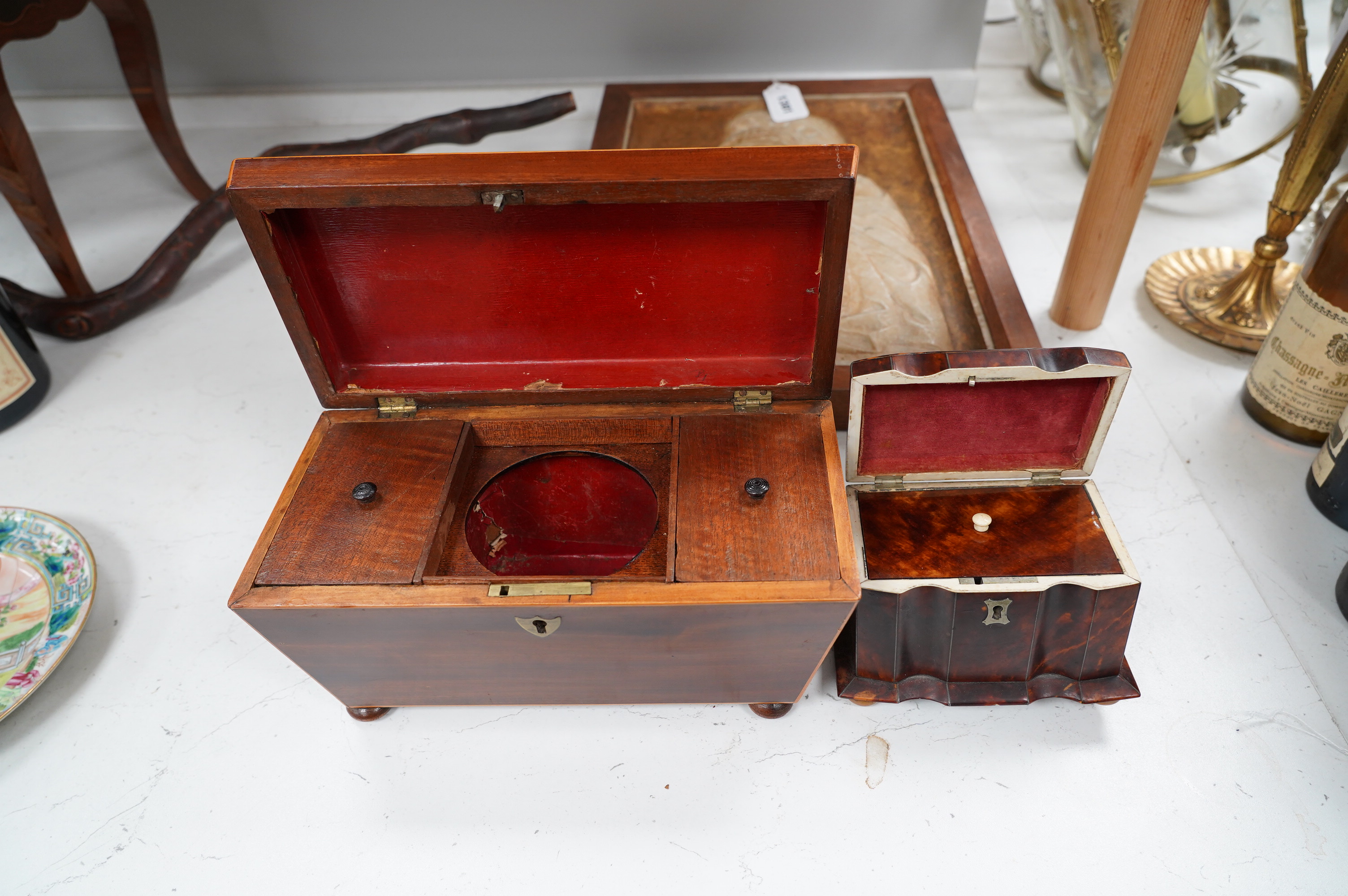 A 19th century tortoiseshell tea caddy with ivory banding together with a satinwood banded mahogany tea caddy, 28cm wide. Condition - poor to fair. CITES Submission reference MTBUUNZA